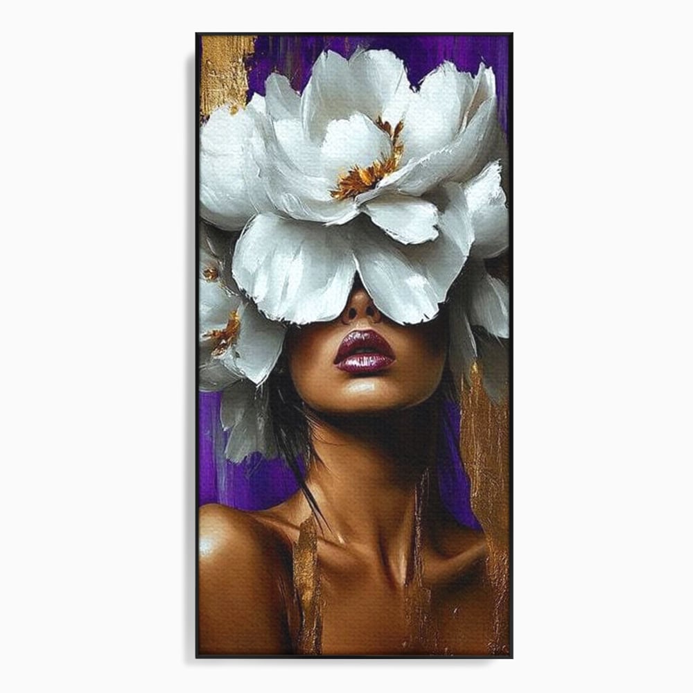 Tablou canvas cu tablou canvas cu femeie si flori albe, in rama de aluminiu negru